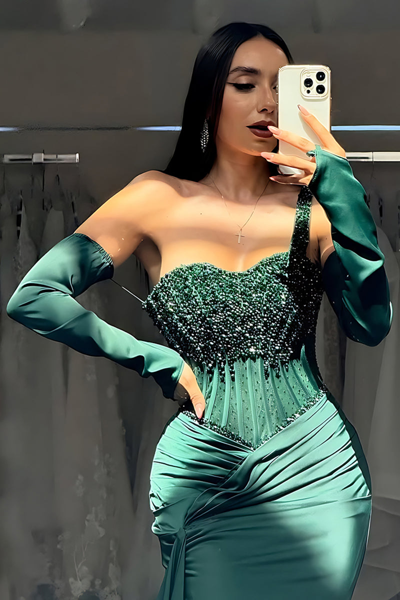 Load image into Gallery viewer, Sparkly Dark Green Beaded One Shoulder Mermaid Long Prom Dress with Slit