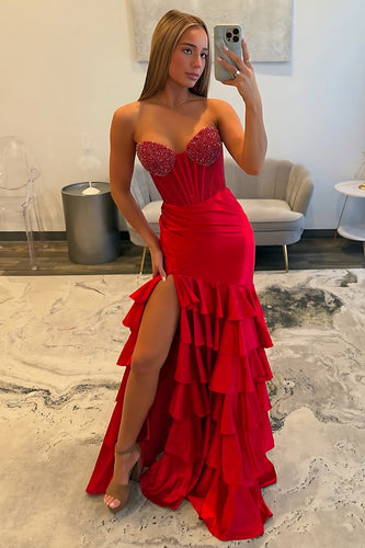 Sparkly Red Mermaid Sweetheart Beaded Ruffled Long Corset Prom Dress