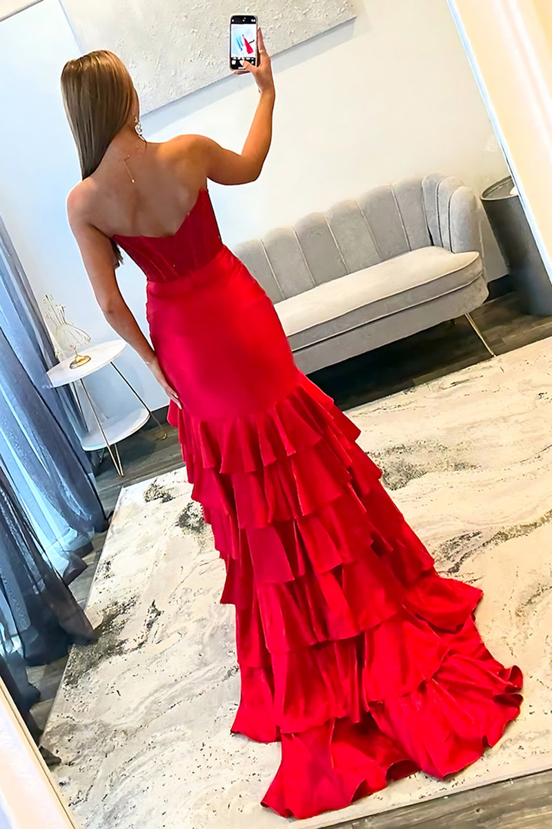 Load image into Gallery viewer, Sparkly Red Mermaid Sweetheart Beaded Ruffled Long Corset Prom Dress