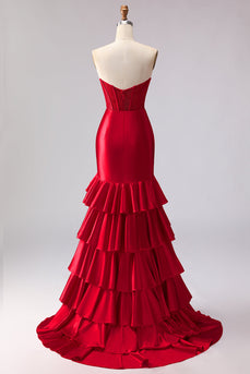 Red Satin Ruffled Mermaid Long Corset Prom Dress with Slit