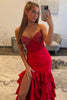 Load image into Gallery viewer, Sparkly Red Mermaid Sweetheart Beaded Ruffled Long Corset Prom Dress