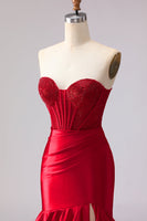 Load image into Gallery viewer, Red Satin Ruffled Mermaid Long Corset Prom Dress with Slit
