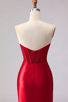 Load image into Gallery viewer, Red Satin Ruffled Mermaid Long Corset Prom Dress with Slit