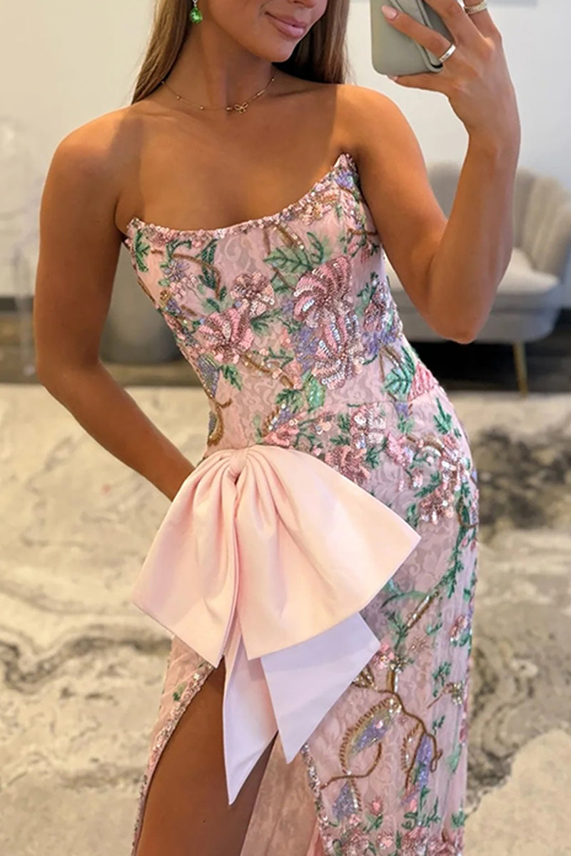 Load image into Gallery viewer, Sparkly Floral Pink Sheath Strapless Long Prom Dress with Bow