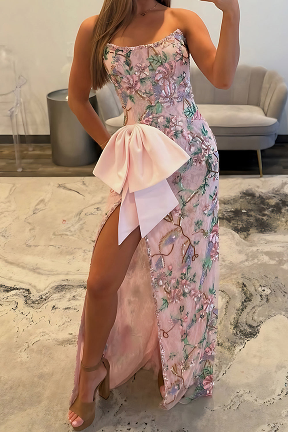 Sparkly Floral Pink Sheath Strapless Long Prom Dress with Bow