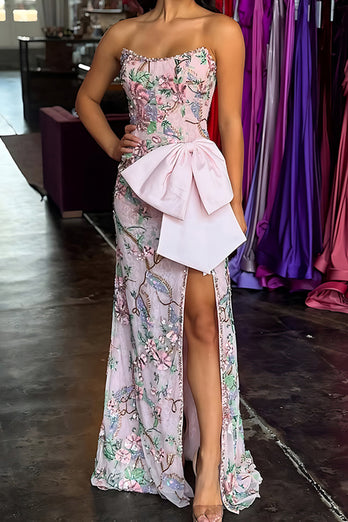 Sparkly Floral Pink Sheath Strapless Long Prom Dress with Bow