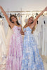 Load image into Gallery viewer, Blue Flower A-Line Spaghetti Straps Long Corset Prom Dress with Lace