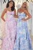 Load image into Gallery viewer, Blue Flower A-Line Spaghetti Straps Long Corset Prom Dress with Lace