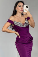 Load image into Gallery viewer, Sparkly Dark Purple Mermaid Satin Off the Shoulder Long Prom Dress with Rhinestone