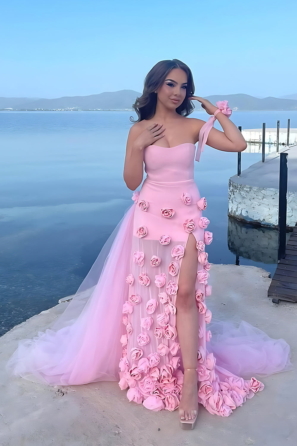 Pink Strapless Sheath 3D Flower Long Prom Dress with Slit