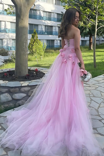 Pink Strapless Sheath 3D Flower Long Prom Dress with Slit