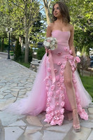 Load image into Gallery viewer, Pink Strapless Sheath 3D Flower Long Prom Dress with Slit