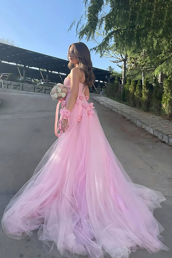 Pink Strapless Sheath 3D Flower Long Prom Dress with Slit