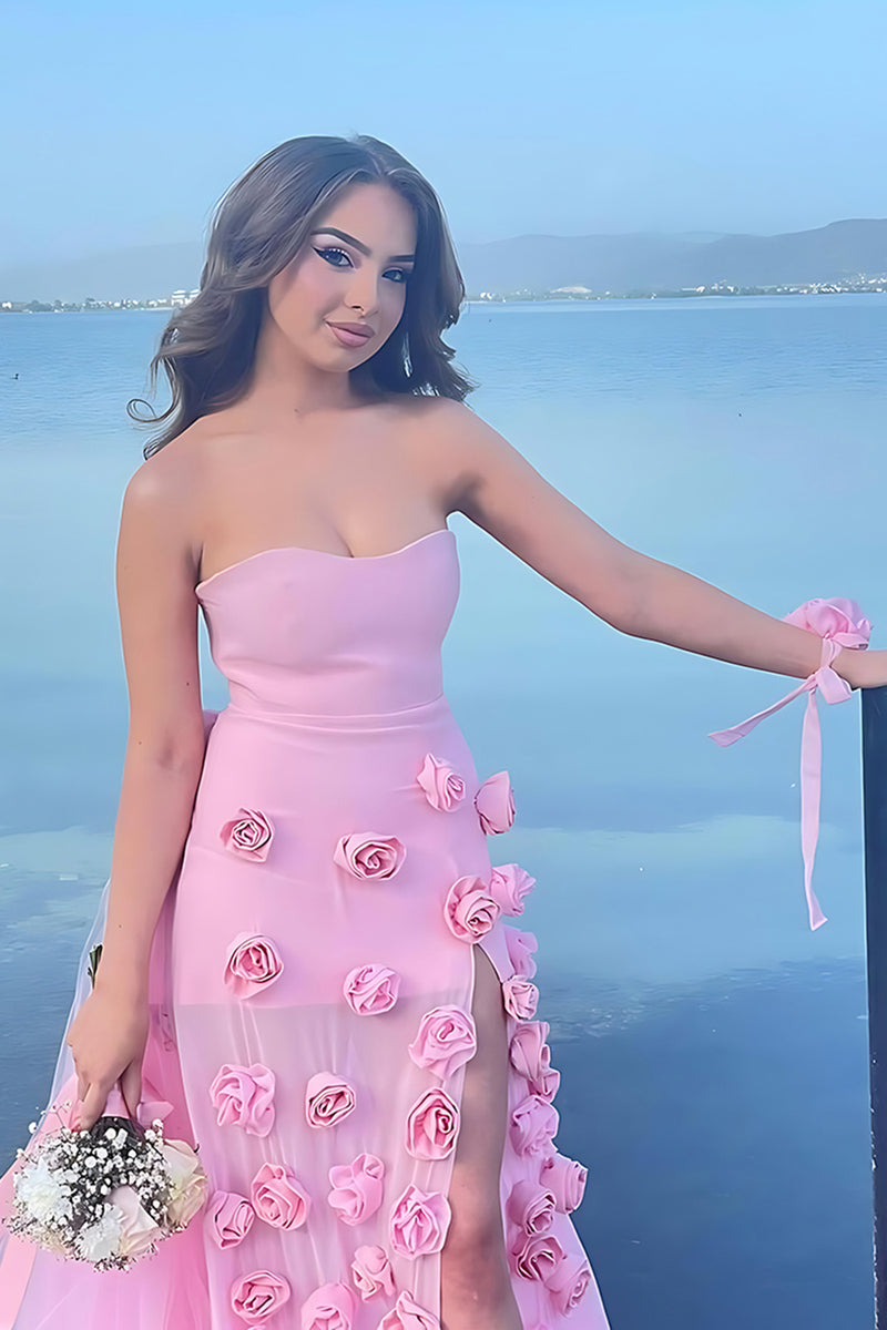 Load image into Gallery viewer, Pink Strapless Sheath 3D Flower Long Prom Dress with Slit