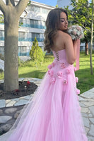 Load image into Gallery viewer, Pink Strapless Sheath 3D Flower Long Prom Dress with Slit