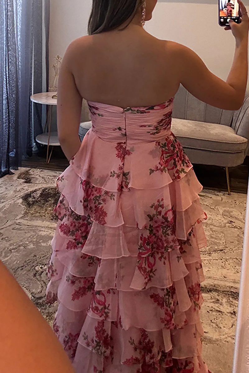 Load image into Gallery viewer, White Floral Tiered Ruffled Sweetheart Long Prom Dress with Slit