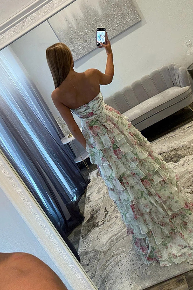 Load image into Gallery viewer, White Floral Tiered Ruffled Sweetheart Long Prom Dress with Slit