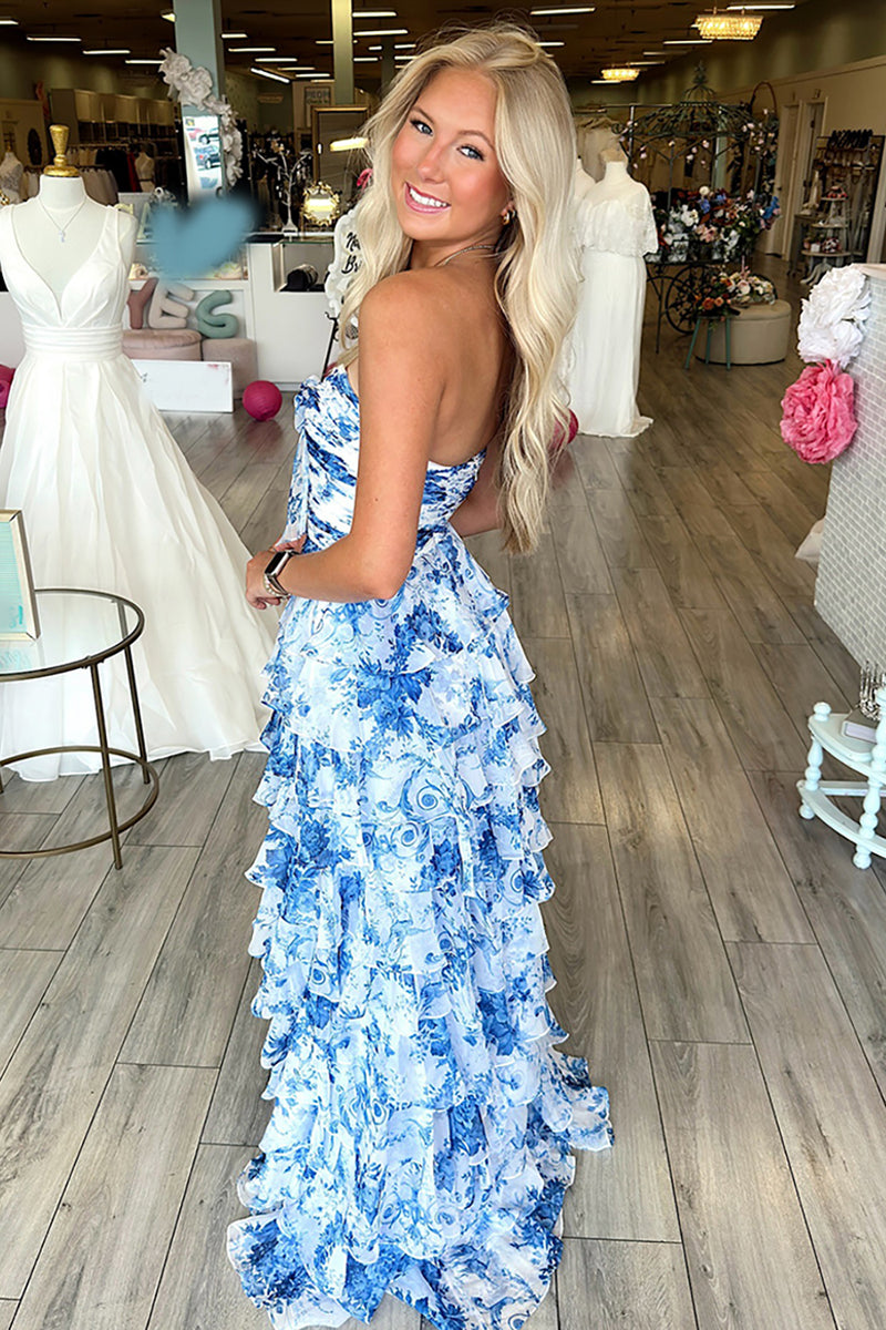 Load image into Gallery viewer, White Floral Tiered Ruffled Sweetheart Long Prom Dress with Slit