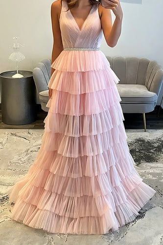 Blush Tulle V-Neck Tiered A Line Long Prom Dress with Beadings