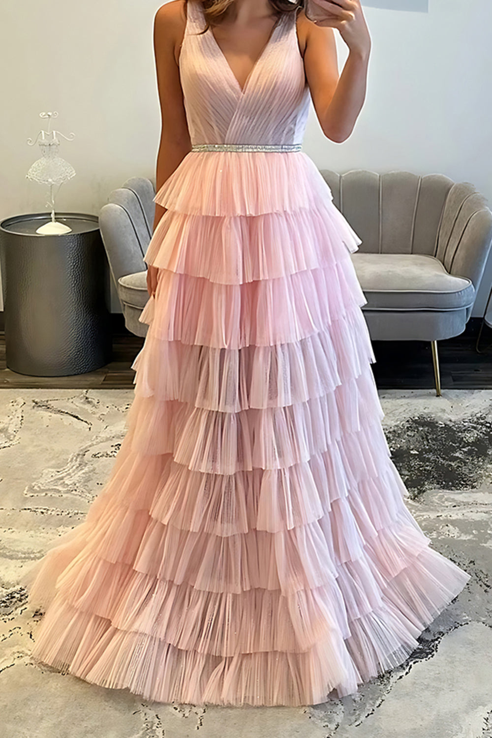 Blush Tulle V-Neck Tiered A Line Long Prom Dress with Beadings