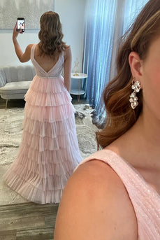 Blush Tulle V-Neck Tiered A Line Long Prom Dress with Beadings