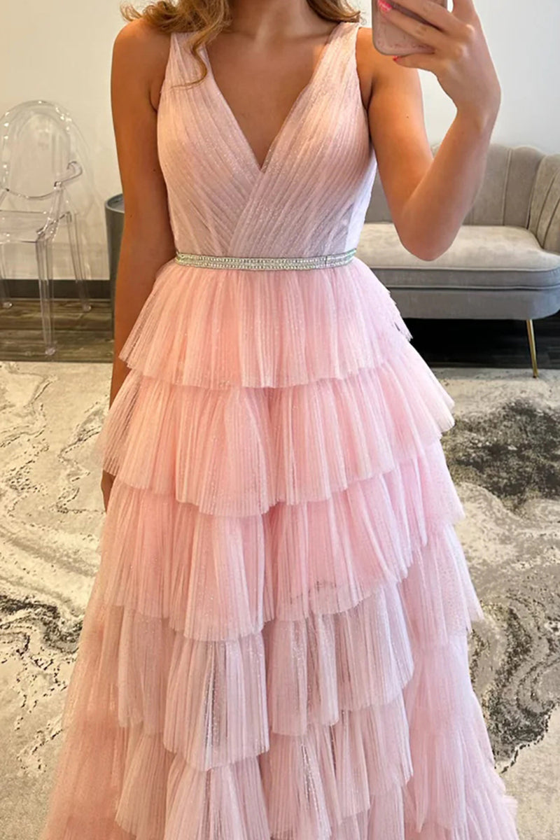 Load image into Gallery viewer, Blush Tulle V-Neck Tiered A Line Long Prom Dress with Beadings