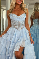 Load image into Gallery viewer, Blue Sweetheart A Line Tiered Long Corset Prom Dress with Ruffles