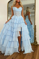 Load image into Gallery viewer, Blue Sweetheart A Line Tiered Long Corset Prom Dress with Ruffles