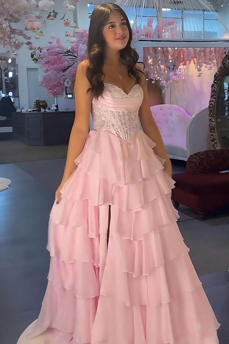 Load image into Gallery viewer, Blue Sweetheart A Line Tiered Long Corset Prom Dress with Ruffles