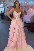 Load image into Gallery viewer, Blue Sweetheart A Line Tiered Long Corset Prom Dress with Ruffles