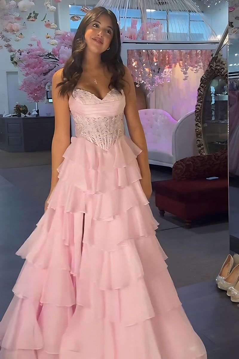 Load image into Gallery viewer, Blue Sweetheart A Line Tiered Long Corset Prom Dress with Ruffles