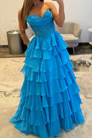 Load image into Gallery viewer, Blue Sweetheart A Line Tiered Long Corset Prom Dress with Ruffles