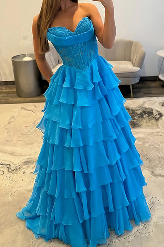 Blue Sweetheart A Line Tiered Long Corset Prom Dress with Ruffles