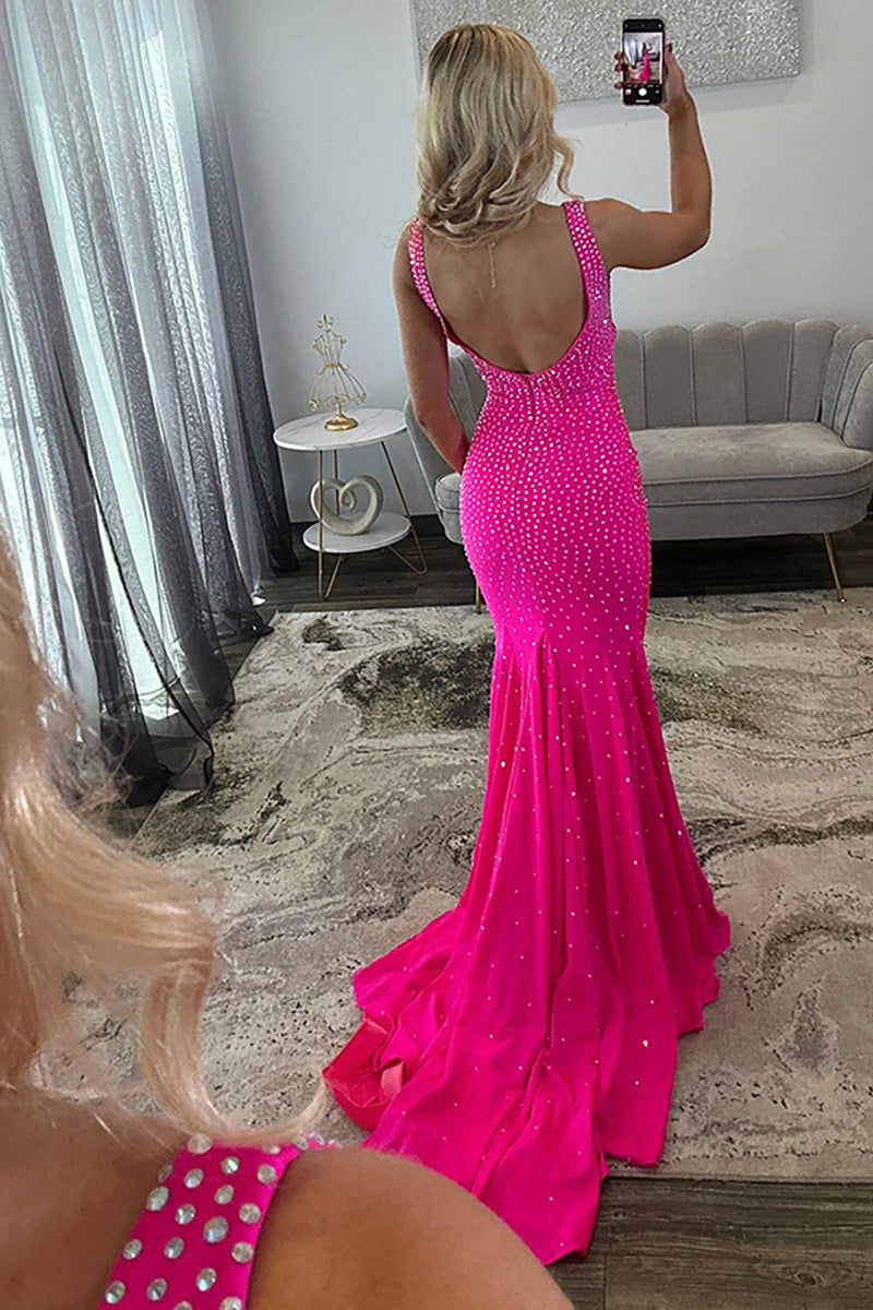 Load image into Gallery viewer, Royal Blue Beaded V Neck Long Prom Dress with Slit