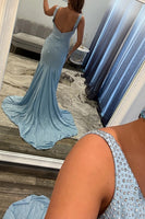 Load image into Gallery viewer, Royal Blue Beaded V Neck Long Prom Dress with Slit