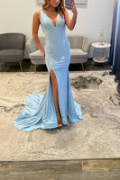Load image into Gallery viewer, Royal Blue Beaded V Neck Long Prom Dress with Slit