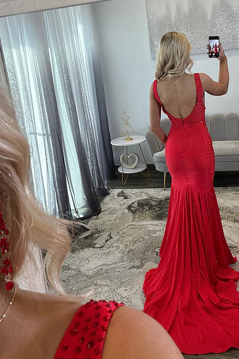 Load image into Gallery viewer, Royal Blue Beaded V Neck Long Prom Dress with Slit