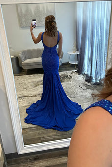 Royal Blue Beaded V Neck Long Prom Dress with Slit