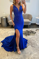 Load image into Gallery viewer, Royal Blue Beaded V Neck Long Prom Dress with Slit
