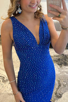 Load image into Gallery viewer, Royal Blue Beaded V Neck Long Prom Dress with Slit