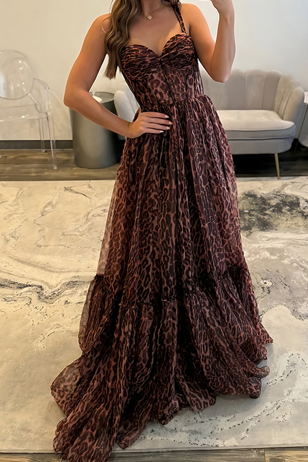 Coffee Leopard A Line Spaghetti Straps Long Corset Prom Dress