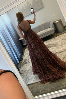 Coffee Leopard A Line Spaghetti Straps Long Corset Prom Dress