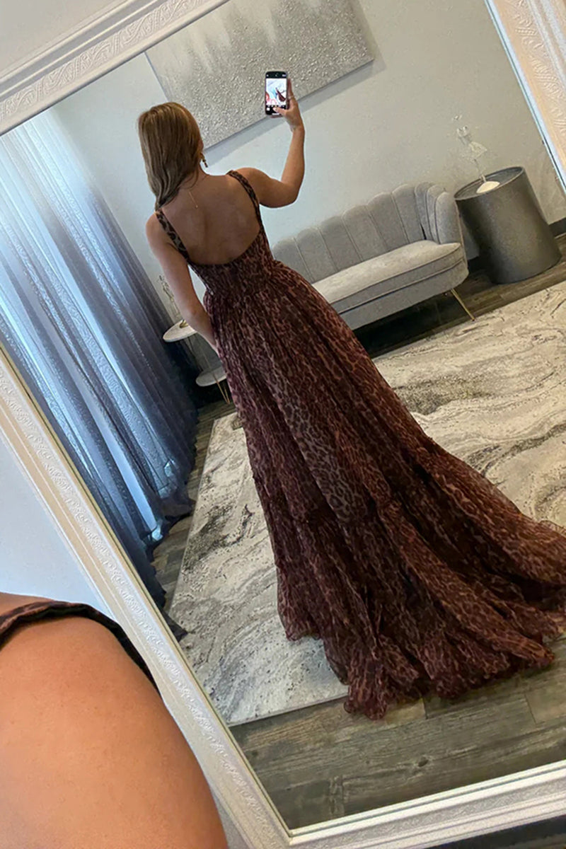 Load image into Gallery viewer, Coffee Leopard A Line Spaghetti Straps Long Corset Prom Dress