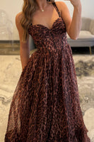 Load image into Gallery viewer, Coffee Leopard A Line Spaghetti Straps Long Corset Prom Dress