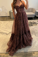 Load image into Gallery viewer, Coffee Leopard A Line Spaghetti Straps Long Corset Prom Dress