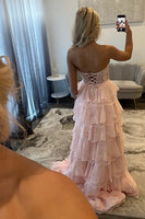 Load image into Gallery viewer, Blush Sweetheart A Line Tiered Lace Long Corset Prom Dress with Ruffles
