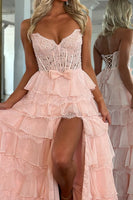 Load image into Gallery viewer, Blush Sweetheart A Line Tiered Lace Long Corset Prom Dress with Ruffles