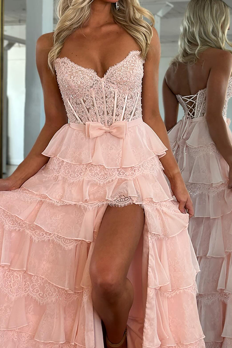 Load image into Gallery viewer, Blush Sweetheart A Line Tiered Lace Long Corset Prom Dress with Ruffles