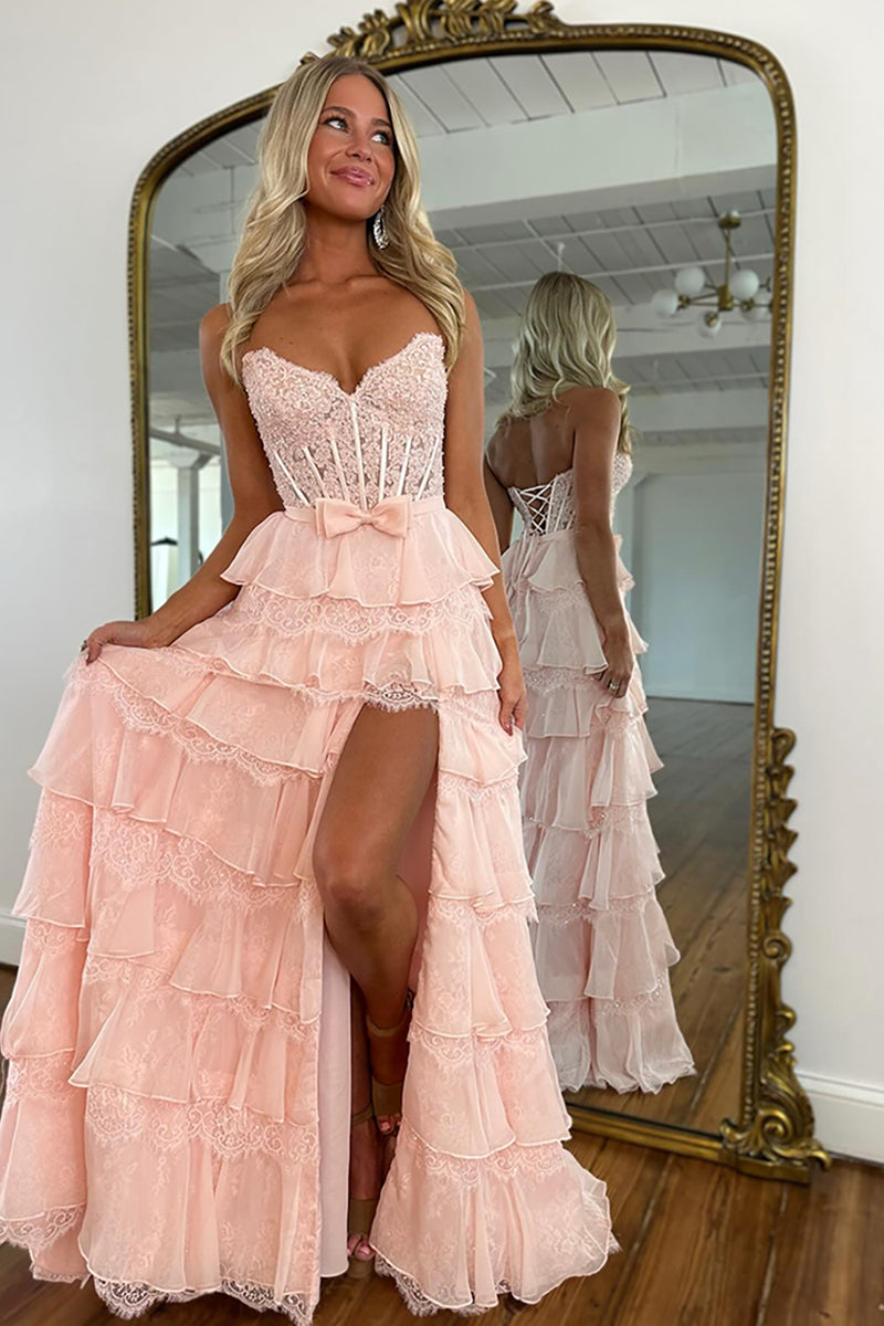 Load image into Gallery viewer, Blush Sweetheart A Line Tiered Lace Long Corset Prom Dress with Ruffles