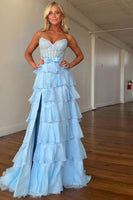Load image into Gallery viewer, Blush Sweetheart A Line Tiered Lace Long Corset Prom Dress with Ruffles